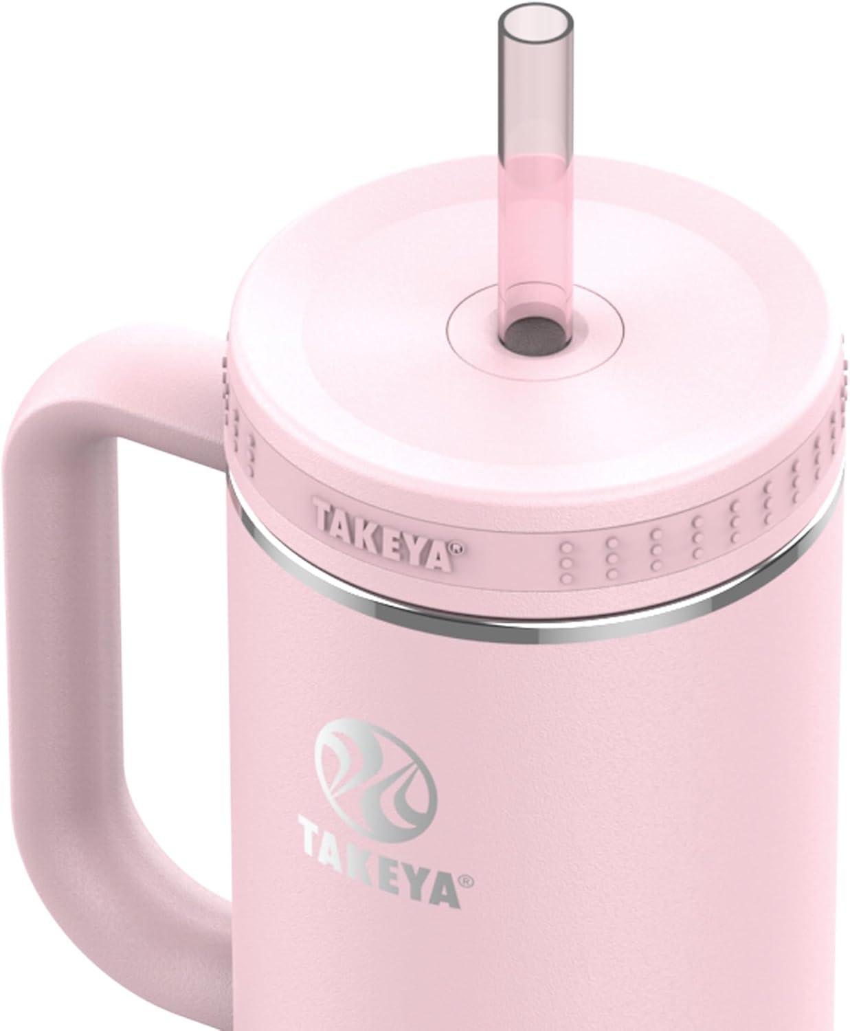 imageTakeya 40 oz Stainless Steel Tumbler with Lid and Two Straws Premium Quality Double Wall Insulated Wiith Handle Keep Drinks Cold for Up to 24 Hours MatchaBlush