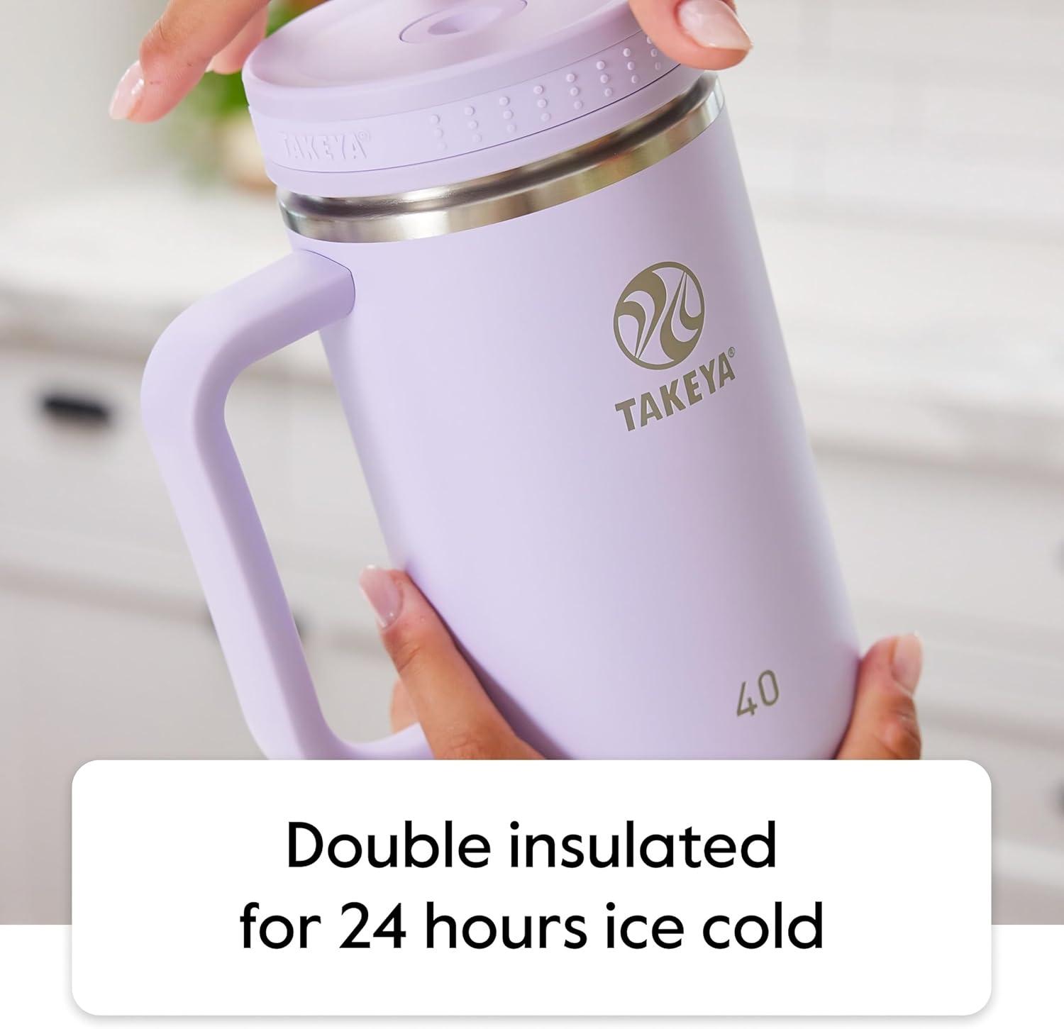 imageTakeya 40 oz Stainless Steel Tumbler with Lid and Two Straws Premium Quality Double Wall Insulated Wiith Handle Keep Drinks Cold for Up to 24 Hours MatchaBlush