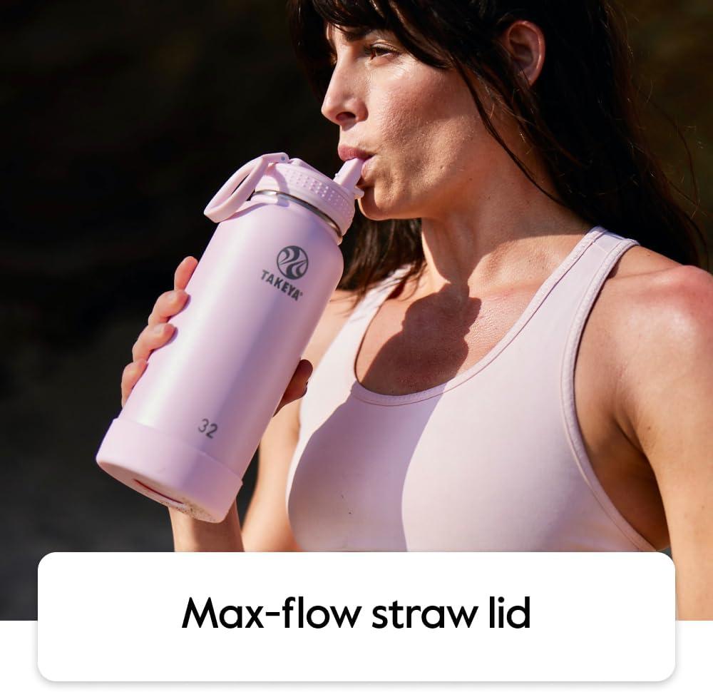 imageTakeya Actives 24 oz Water Bottle with Straw Lid Double Wall Stainless Steel Insulation Dishwasher Safe ampamp BPAFree Removable Bumper BlushCucumber