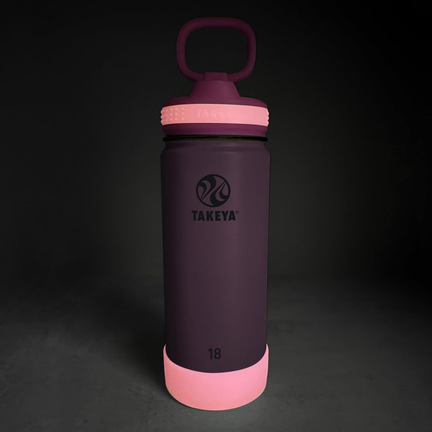 imageTakeya Actives Kids Water Bottle with Straw Lid StainlessSteel Double Wall Insulation BPAFree Bottle Lid with Carry Handle Reusable Bottle with Straw Lid 16 oz PlatinumOnyxSummer Glow Pink