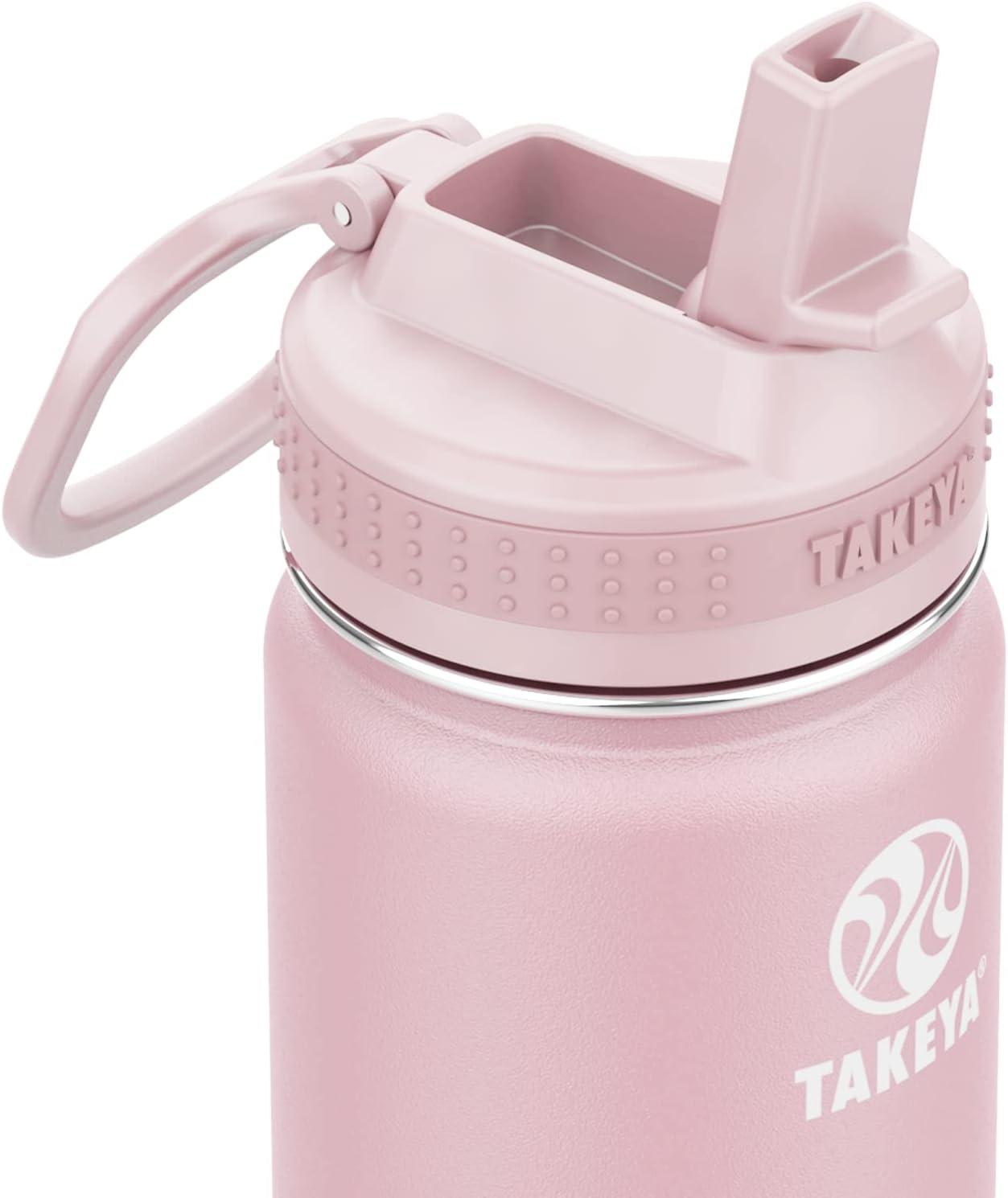 imageTakeya Actives Kids Water Bottle with Straw Lid StainlessSteel Double Wall Insulation BPAFree Bottle Lid with Carry Handle Reusable Bottle with Straw Lid 16 oz PlatinumOnyxBlush