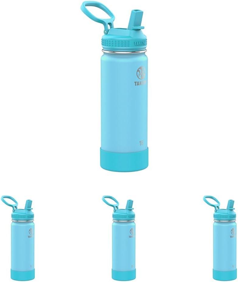 imageTakeya Actives Kids Water Bottle with Straw Lid StainlessSteel Double Wall Insulation BPAFree Bottle Lid with Carry Handle Reusable Bottle with Straw Lid 16 oz PlatinumOnyxGlow Worm Blue