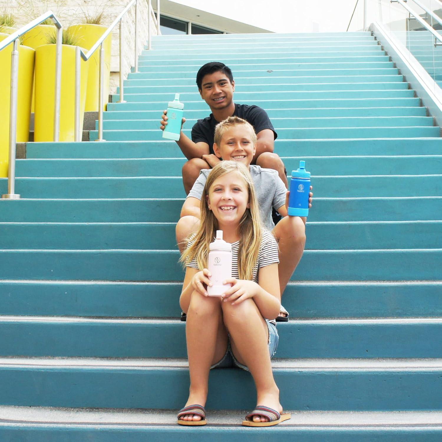 imageTakeya Actives Kids Water Bottle with Straw Lid StainlessSteel Double Wall Insulation BPAFree Bottle Lid with Carry Handle Reusable Bottle with Straw Lid 16 oz PlatinumOnyxBlush