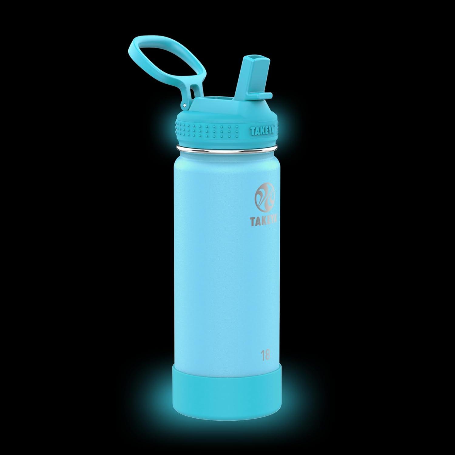 imageTakeya Actives Kids Water Bottle with Straw Lid StainlessSteel Double Wall Insulation BPAFree Bottle Lid with Carry Handle Reusable Bottle with Straw Lid 16 oz PlatinumOnyxGlow Worm Blue
