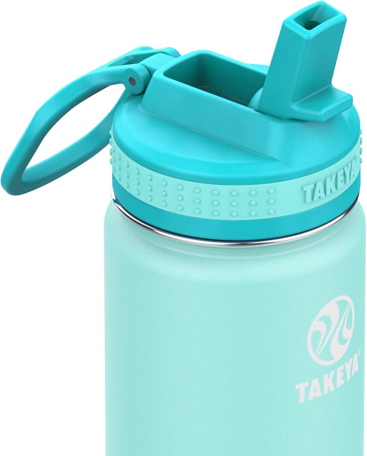 imageTakeya Actives Kids Water Bottle with Straw Lid StainlessSteel Double Wall Insulation BPAFree Bottle Lid with Carry Handle Reusable Bottle with Straw Lid 16 oz PlatinumOnyxMint