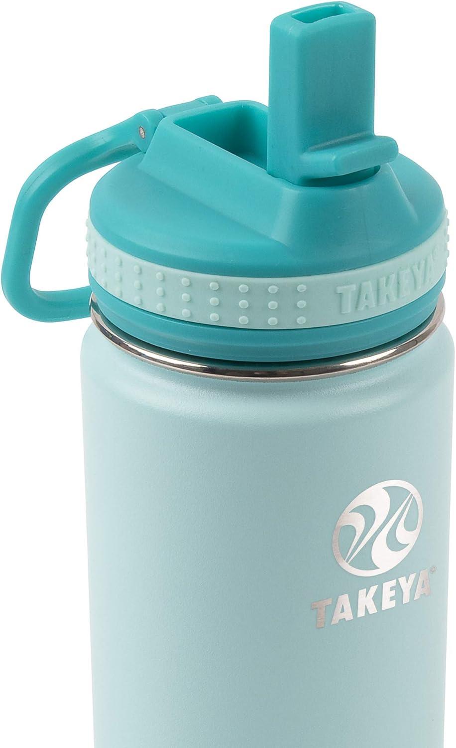 imageTakeya Actives Kids Water Bottle with Straw Lid StainlessSteel Double Wall Insulation BPAFree Bottle Lid with Carry Handle Reusable Bottle with Straw Lid 16 oz PlatinumOnyxSurferLagoon