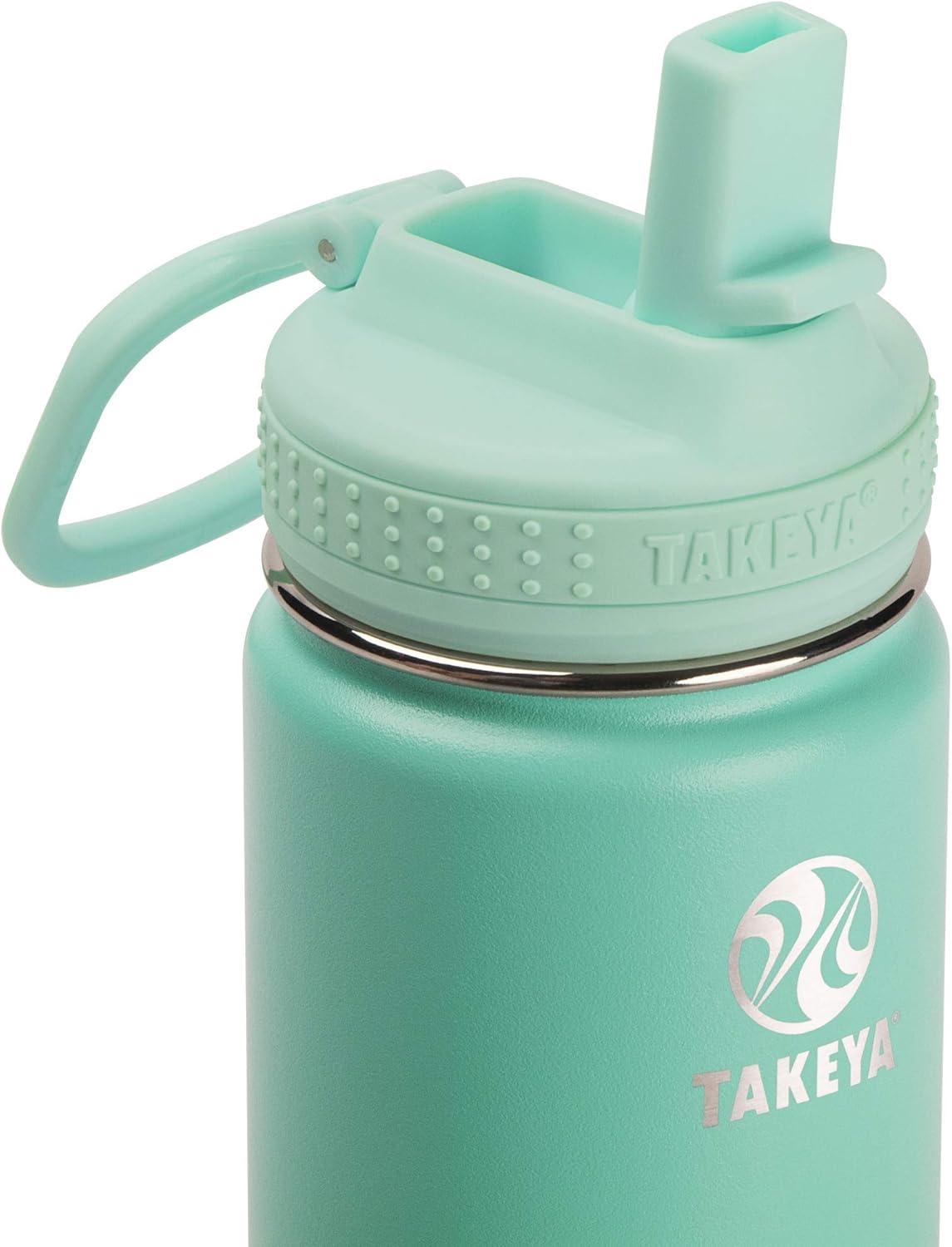 imageTakeya Actives Kids Water Bottle with Straw Lid StainlessSteel Double Wall Insulation BPAFree Bottle Lid with Carry Handle Reusable Bottle with Straw Lid 16 oz PlatinumOnyxSeafoam