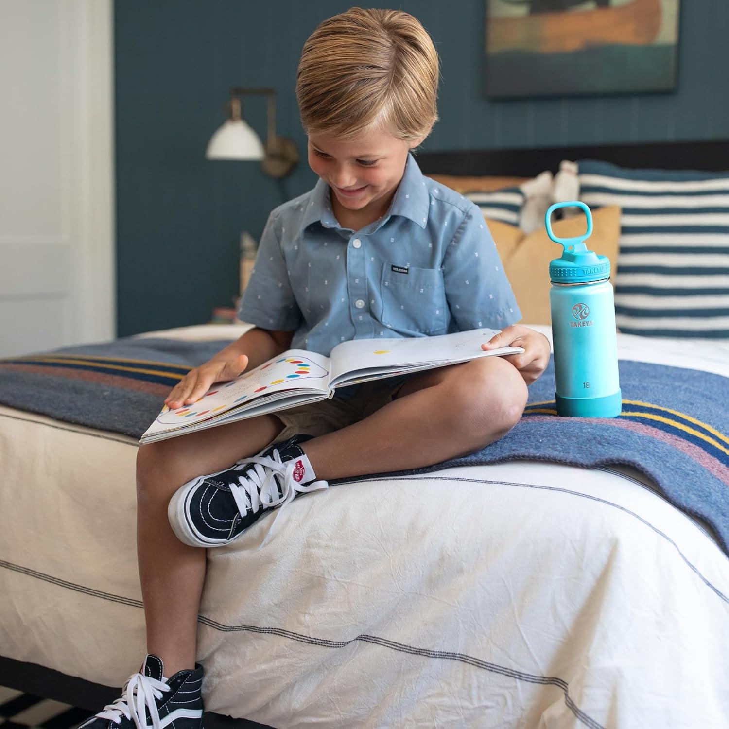 imageTakeya Actives Kids Water Bottle with Straw Lid StainlessSteel Double Wall Insulation BPAFree Bottle Lid with Carry Handle Reusable Bottle with Straw Lid 16 oz PlatinumOnyxGlow Worm Blue