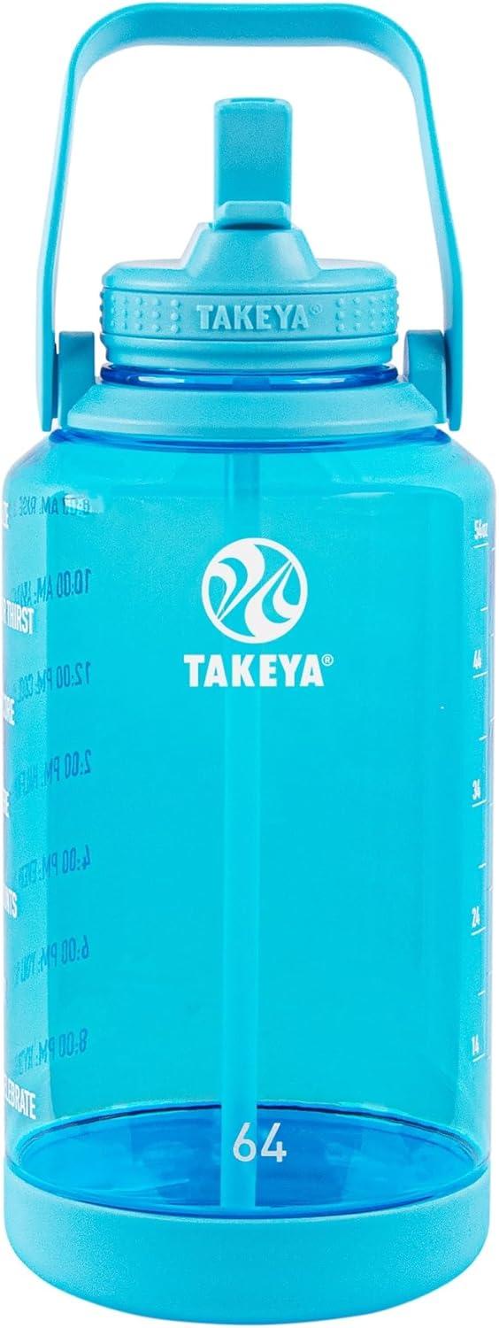 imageTakeya Tritan Motivational Water Bottle with Straw Lid Durable BPAFree With Time Marker Leakproof ampamp NonSlip Bumper 64 oz Vivacity PurpleBreezy Blue