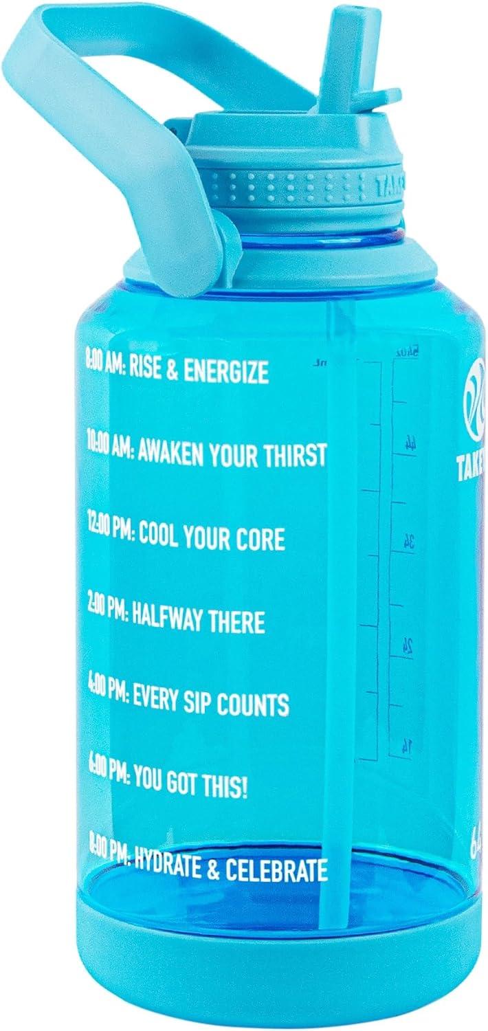 imageTakeya Tritan Motivational Water Bottle with Straw Lid Durable BPAFree With Time Marker Leakproof ampamp NonSlip Bumper 64 oz Vivacity PurpleBreezy Blue