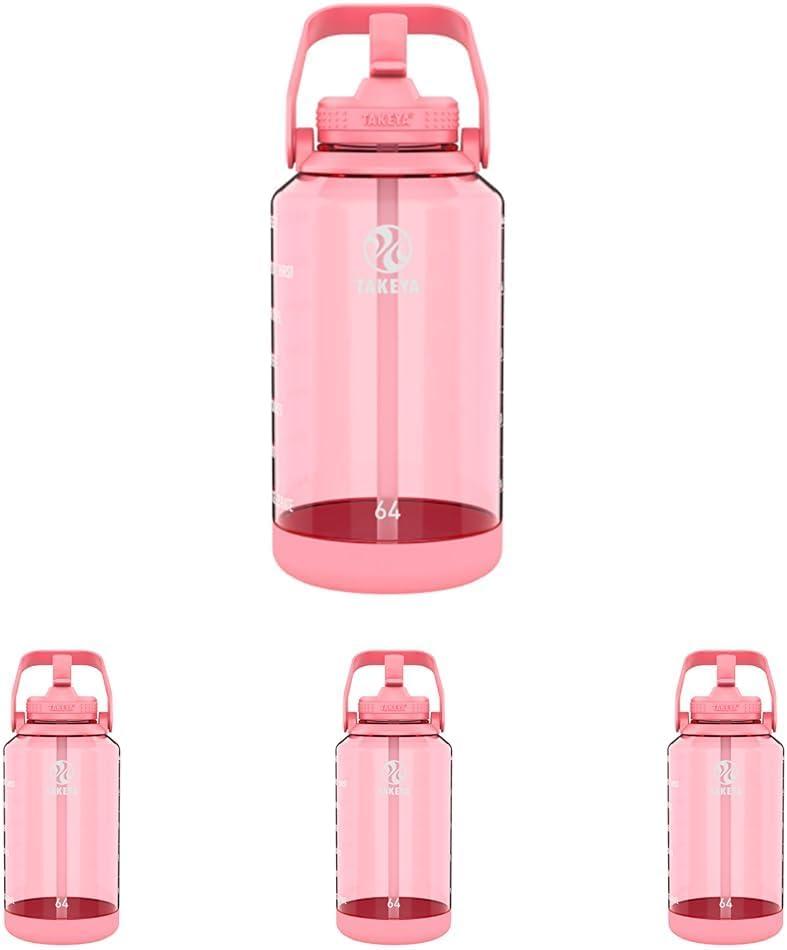 imageTakeya Tritan Motivational Water Bottle with Straw Lid Durable BPAFree With Time Marker Leakproof ampamp NonSlip Bumper 64 oz Vivacity PurpleFlutter Pink