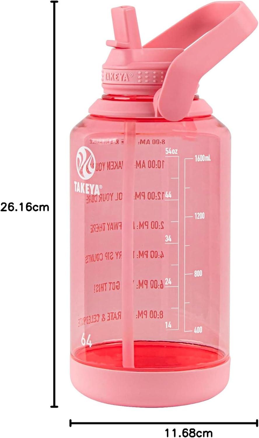 imageTakeya Tritan Motivational Water Bottle with Straw Lid Durable BPAFree With Time Marker Leakproof ampamp NonSlip Bumper 64 oz Vivacity PurpleFlutter Pink