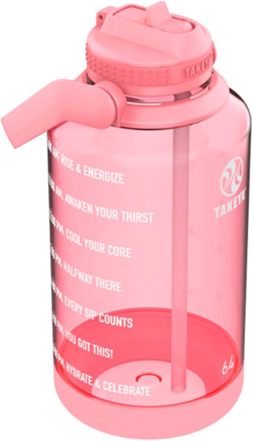 imageTakeya Tritan Motivational Water Bottle with Straw Lid Durable BPAFree With Time Marker Leakproof ampamp NonSlip Bumper 64 oz Vivacity PurpleFlutter Pink