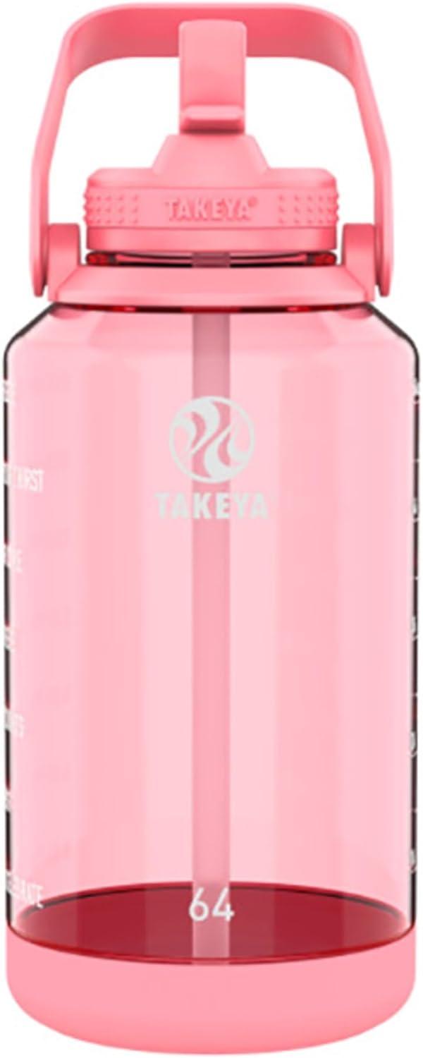imageTakeya Tritan Motivational Water Bottle with Straw Lid Durable BPAFree With Time Marker Leakproof ampamp NonSlip Bumper 64 oz Vivacity PurpleFlutter Pink