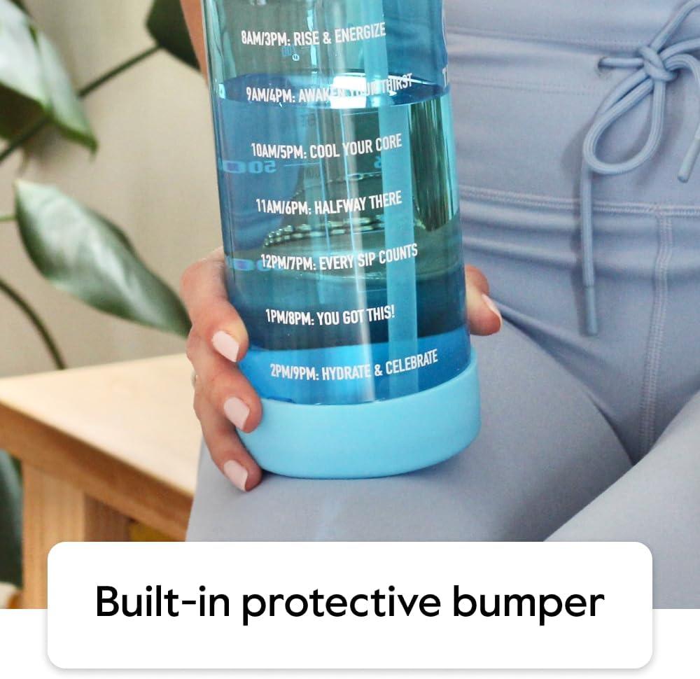 imageTakeya Tritan Motivational Water Bottle with Straw Lid Durable BPAFree With Time Marker Leakproof ampamp NonSlip Bumper 64 oz Vivacity PurpleFlutter Pink