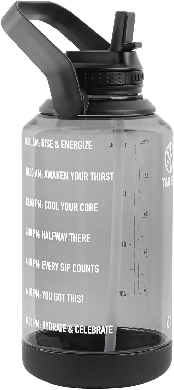 imageTakeya Tritan Motivational Water Bottle with Straw Lid Durable BPAFree With Time Marker Leakproof ampamp NonSlip Bumper 64 oz Vivacity PurpleStormy Black