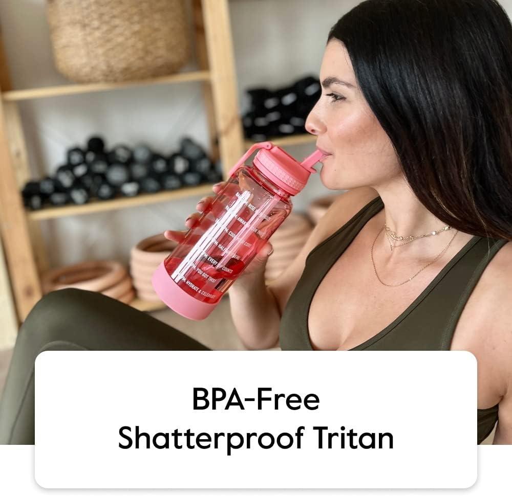 imageTakeya Tritan Motivational Water Bottle with Straw Lid Durable BPAFree With Time Marker Leakproof ampamp NonSlip Bumper 64 oz Vivacity PurpleStormy Black