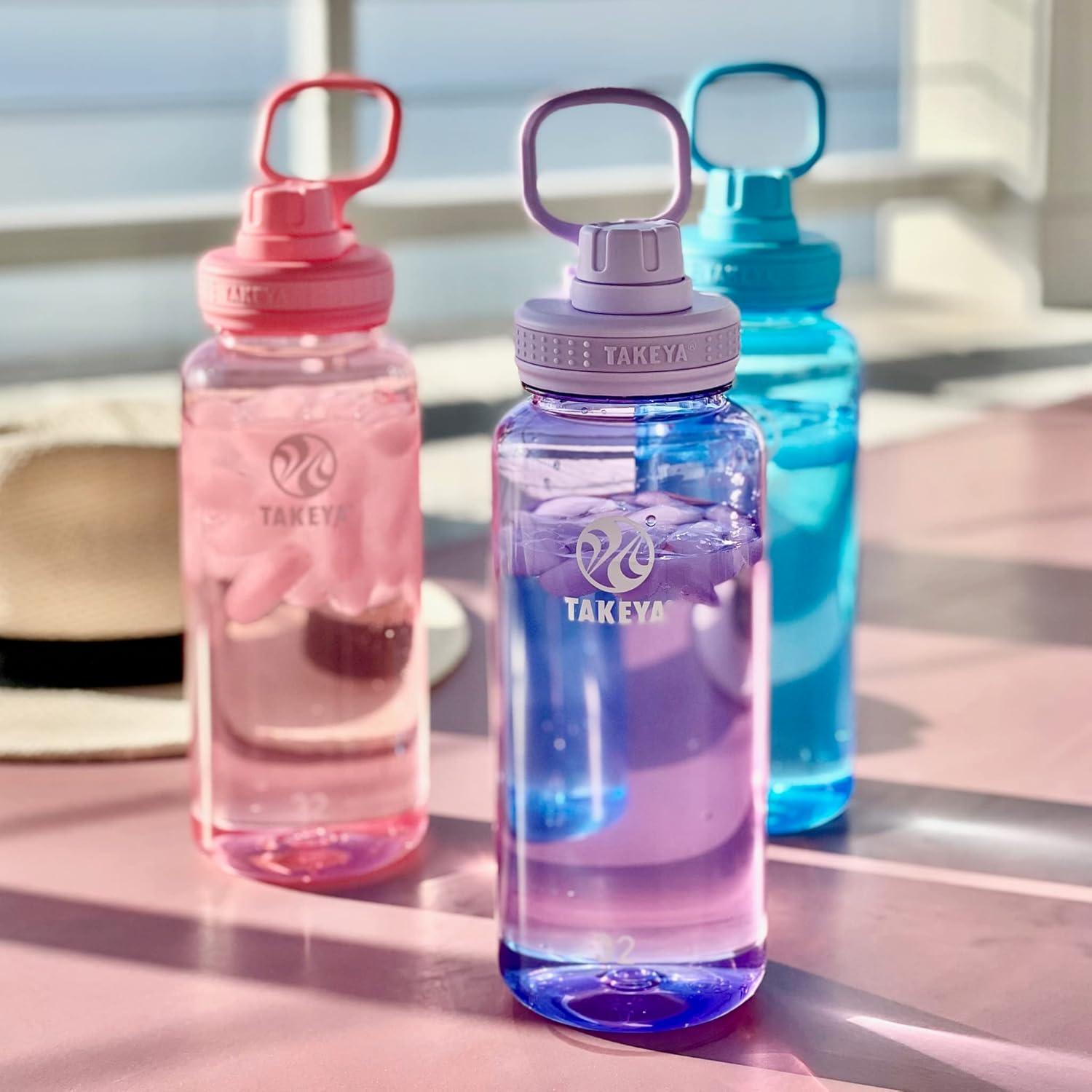 imageTakeya Tritan Sport Water Bottle with Spout Lid BPAFree ampamp DishwasherSafe Water Bottle Reusable Bottle with Lid Handle Simple LeakProof Water Bottle 40 oz Flutter PinkBreezy Blue