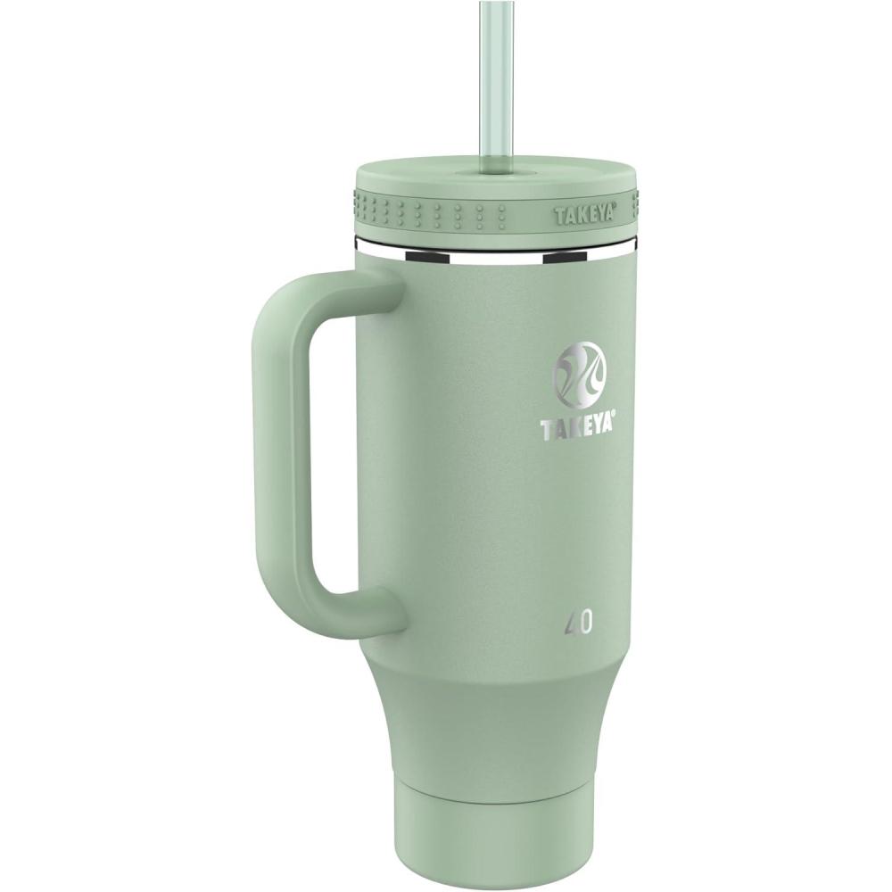 imageTakeya 40 oz Stainless Steel Tumbler with Lid and Two Straws Premium Quality Double Wall Insulated Wiith Handle Keep Drinks Cold for Up to 24 Hours MatchaMatcha
