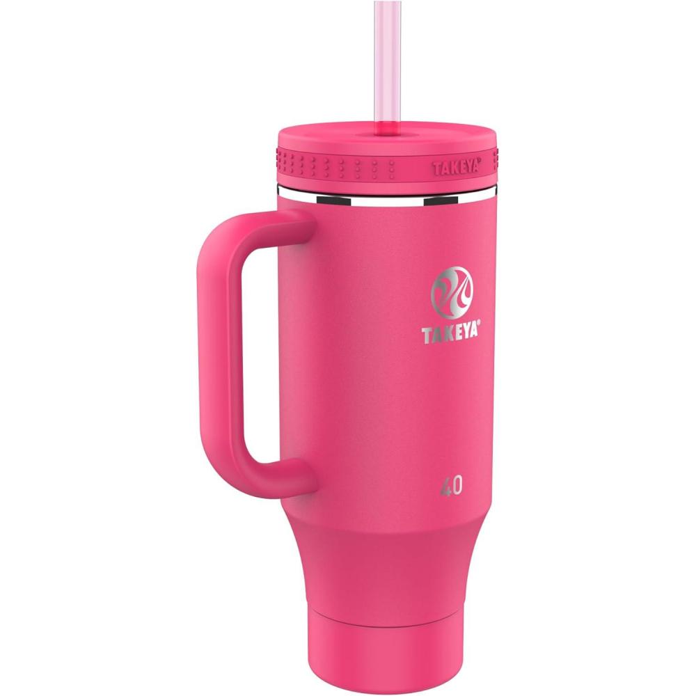 imageTakeya 40 oz Stainless Steel Tumbler with Lid and Two Straws Premium Quality Double Wall Insulated Wiith Handle Keep Drinks Cold for Up to 24 Hours MatchaDragonfruit