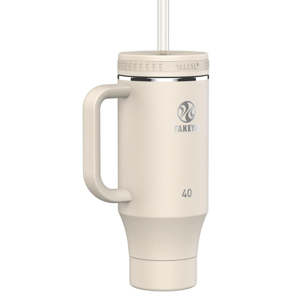 imageTakeya 40 oz Stainless Steel Tumbler with Lid and Two Straws Premium Quality Double Wall Insulated Wiith Handle Keep Drinks Cold for Up to 24 Hours MatchaOatmilk