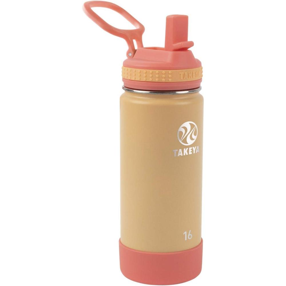 imageTakeya Actives Kids Water Bottle with Straw Lid StainlessSteel Double Wall Insulation BPAFree Bottle Lid with Carry Handle Reusable Bottle with Straw Lid 16 oz PlatinumOnyxCantaloupeCoral