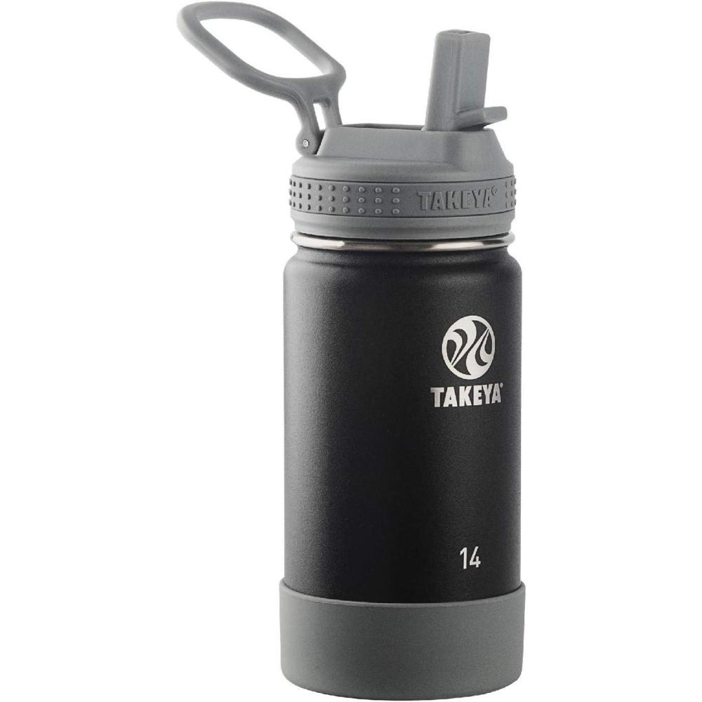 imageTakeya Actives Kids Water Bottle with Straw Lid  StainlessSteel Double Wall Insulation  BPAFree Bottle Lid with Carry Handle  Reusable Bottle with Straw Lid  16 oz PlatinumOnyxBlackberry