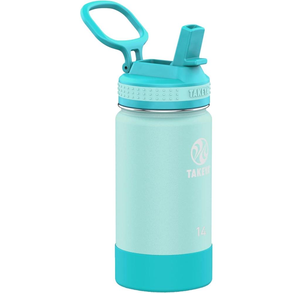 imageTakeya Actives Kids Water Bottle with Straw Lid StainlessSteel Double Wall Insulation BPAFree Bottle Lid with Carry Handle Reusable Bottle with Straw Lid 16 oz PlatinumOnyxMint