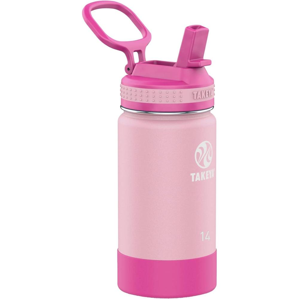 imageTakeya Actives Kids Water Bottle with Straw Lid StainlessSteel Double Wall Insulation BPAFree Bottle Lid with Carry Handle Reusable Bottle with Straw Lid 16 oz PlatinumOnyxBlushSuper Pink