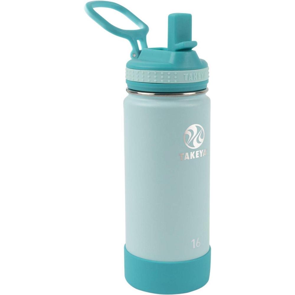 imageTakeya Actives Kids Water Bottle with Straw Lid StainlessSteel Double Wall Insulation BPAFree Bottle Lid with Carry Handle Reusable Bottle with Straw Lid 16 oz PlatinumOnyxSurferLagoon