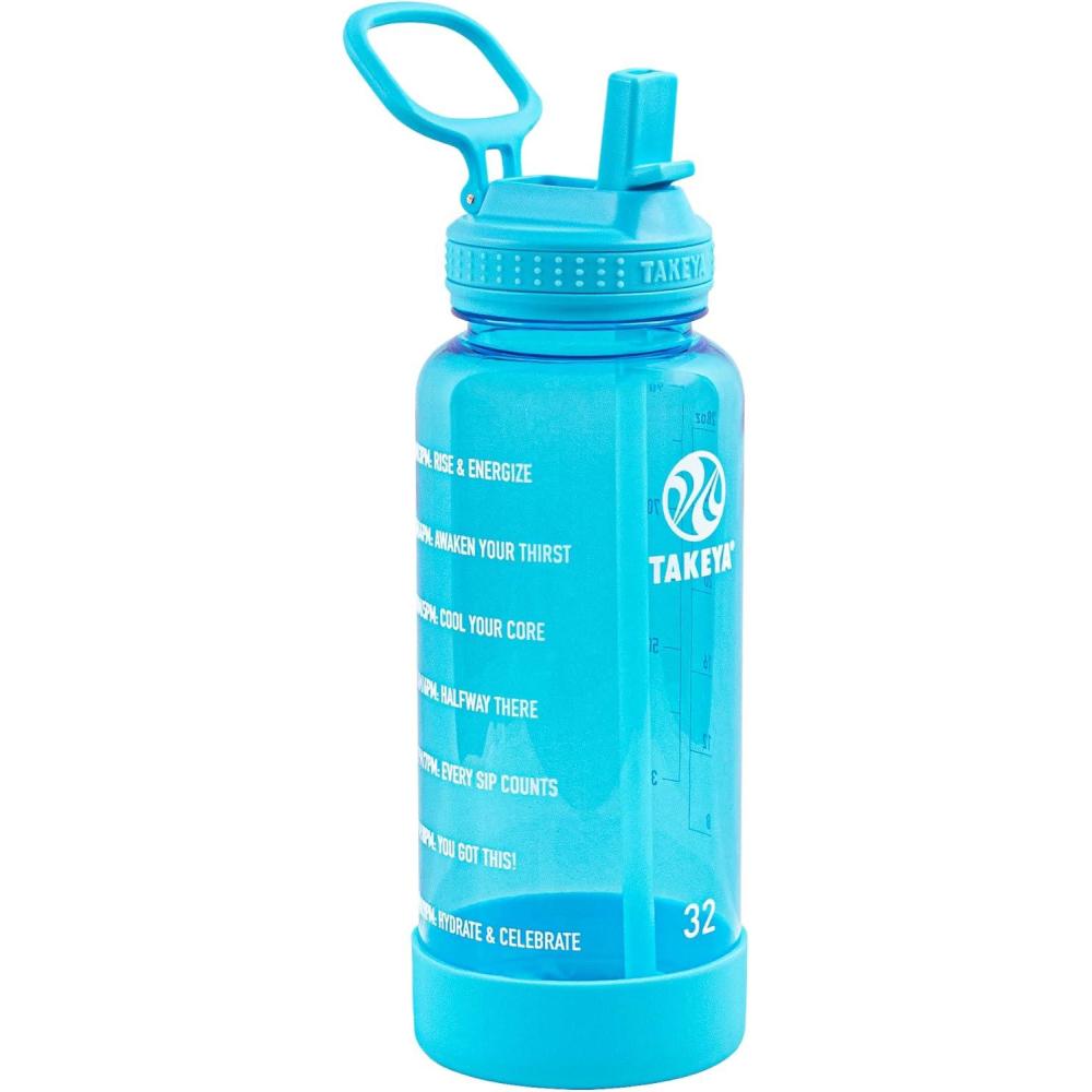 imageTakeya Tritan Motivational Water Bottle with Straw Lid Durable BPAFree With Time Marker Leakproof ampamp NonSlip Bumper 64 oz Vivacity PurpleBreezy Blue