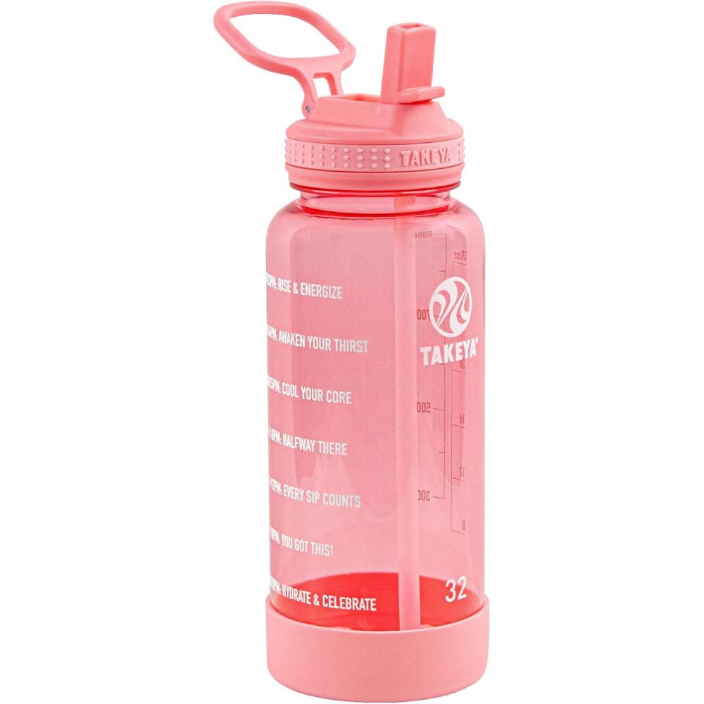 imageTakeya Tritan Motivational Water Bottle with Straw Lid Durable BPAFree With Time Marker Leakproof ampamp NonSlip Bumper 64 oz Vivacity PurpleFlutter Pink