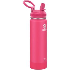 Takeya Actives 24 oz Water Bottle with Straw Lid – Double Wall Stainless Steel Insulation – Dishwasher Safe & BPA-Free – Removable Bumper – Blush(Dragon Fruit)
