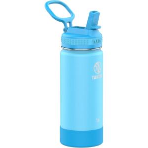 Takeya Actives Kids Water Bottle with Straw Lid – Stainless-Steel Double Wall Insulation – BPA-Free Bottle Lid with Carry Handle – Reusable Bottle with Straw Lid – 16 oz, Platinum/Onyx(Sail Blue/Atlantic)