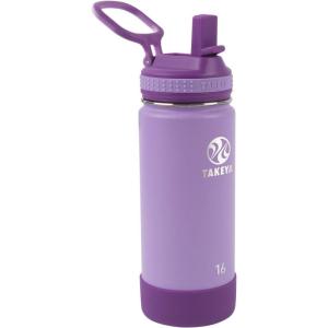 Takeya Actives Kids Water Bottle with Straw Lid – Stainless-Steel Double Wall Insulation – BPA-Free Bottle Lid with Carry Handle – Reusable Bottle with Straw Lid – 16 oz, Platinum/Onyx(Lilac/Ultra Violet)