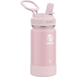 Takeya Actives Kids Water Bottle with Straw Lid – Stainless-Steel Double Wall Insulation – BPA-Free Bottle Lid with Carry Handle – Reusable Bottle with Straw Lid – 16 oz, Platinum/Onyx(Blush)