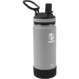 Takeya Actives Kids Water Bottle with Straw Lid – Stainless-Steel Double Wall Insulation – BPA-Free Bottle Lid with Carry Handle – Reusable Bottle with Straw Lid – 16 oz, Platinum/Onyx(Platinum/Onyx)