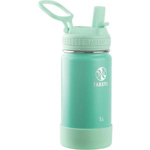 Takeya Actives Kids Water Bottle with Straw Lid – Stainless-Steel Double Wall Insulation – BPA-Free Bottle Lid with Carry Handle – Reusable Bottle with Straw Lid – 16 oz, Platinum/Onyx(Seafoam)