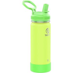 Takeya Actives Kids Water Bottle with Straw Lid – Stainless-Steel Double Wall Insulation – BPA-Free Bottle Lid with Carry Handle – Reusable Bottle with Straw Lid – 16 oz, Platinum/Onyx(Lightning Green)