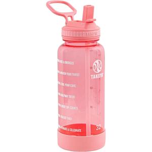 Takeya Tritan Motivational Water Bottle with Straw Lid – Durable, BPA-Free – With Time Marker – Leakproof & Non-Slip Bumper – 64 oz, Vivacity Purple(Flutter Pink)